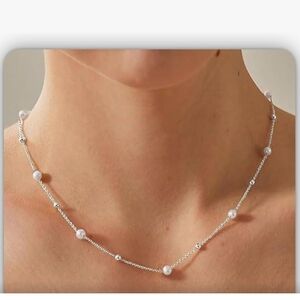 Sterling Silver Pearl Station Necklace - Elegant White Pearls